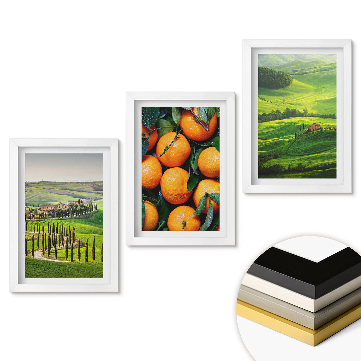 WANDBILDER 3er-Set - 20x30 cm Weißer Rahmen - Italienische Landschaft mit Orangen - Weiß, Kunststoff (20/30cm) - ArtPrintCave