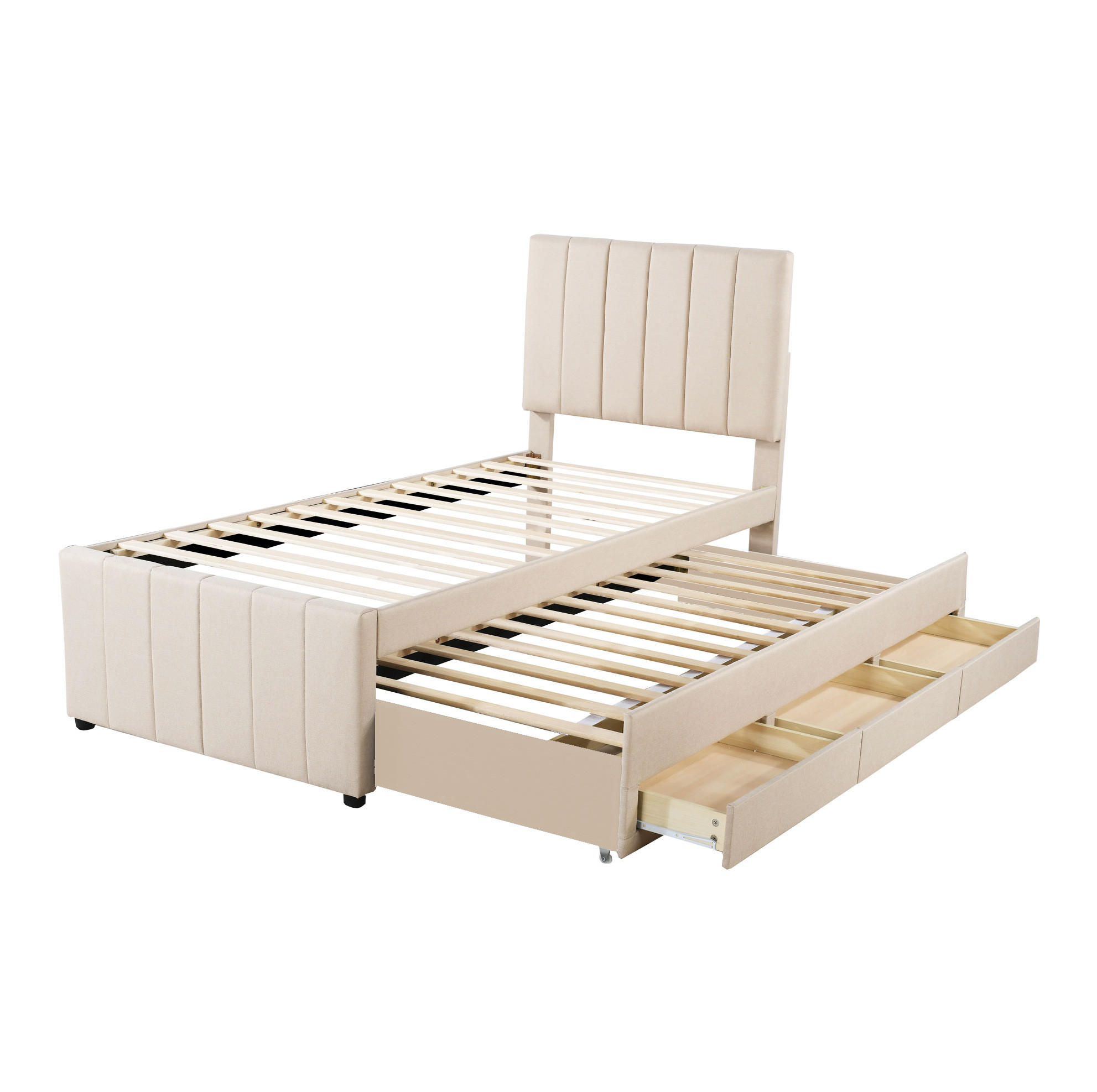 POLSTERBETT 90/200 cm Beige mit Ausziehbett und 3 Schubladen höhenverstellbares Kopfteil - Beige, Textil (90/200cm) - OKWISH