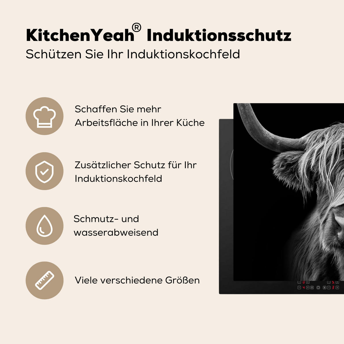 HERDABDECKPLATTE Schottischer Highlander - Hörner - Schwarz - Weiß - Kuh - Wild - Tiere Induktionsmatte 77x59 cm - Schwarz, Kunststoff (77/59/0.2cm) - MuchoWow