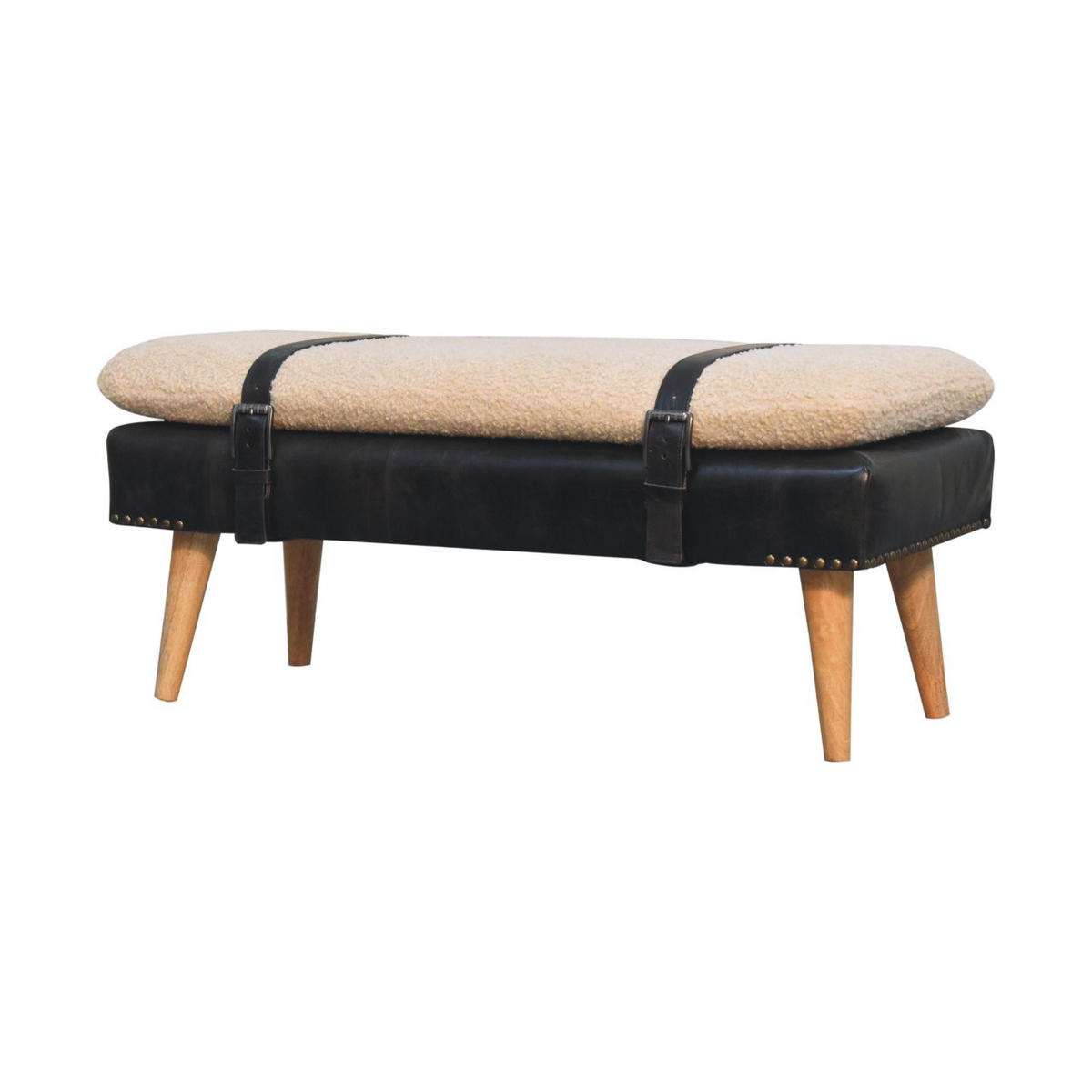 BANK Bouclé Büffelleder Schwarz, Gürtelriemen-Design, Braun - Braun, Holz (90/40/35cm) - Artisan Furniture