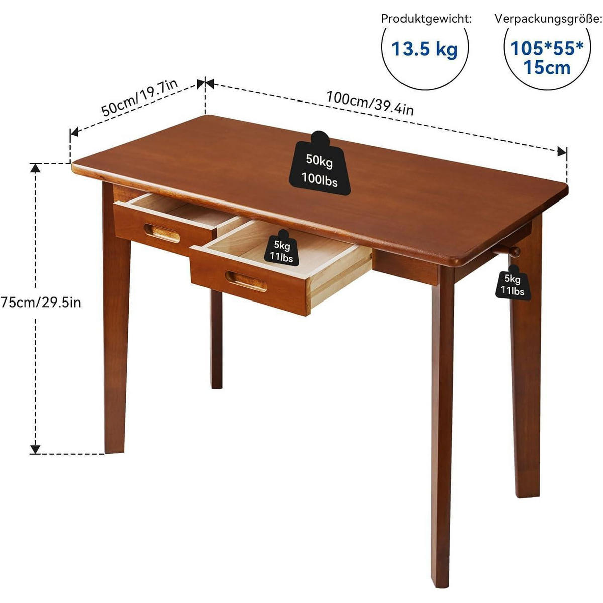 SCHREIBTISCH Massivholz mit Schubladen 99 x 50 x 76 cm - Braun, Holz (100/50/75cm)