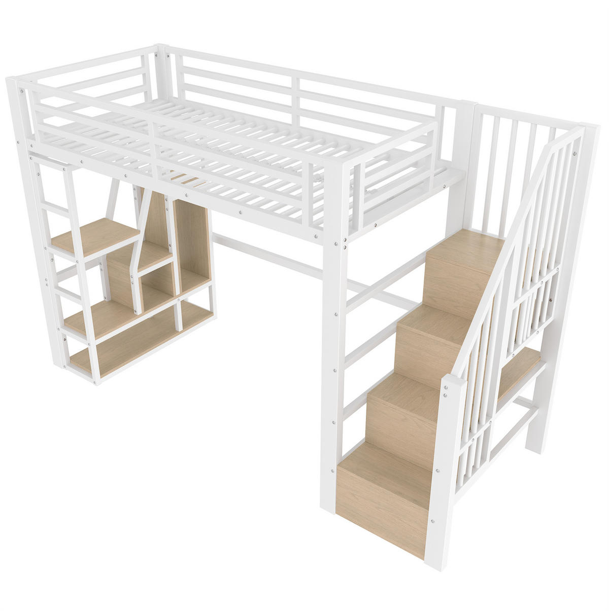 HOCHBETT 90/200 cm mit LED-Lichtleiste, Stauraumtreppe, Schutzgeländer und offenem Regaldesign, Weiß - Weiß, Holzwerkstoff (90/200cm) - Redom