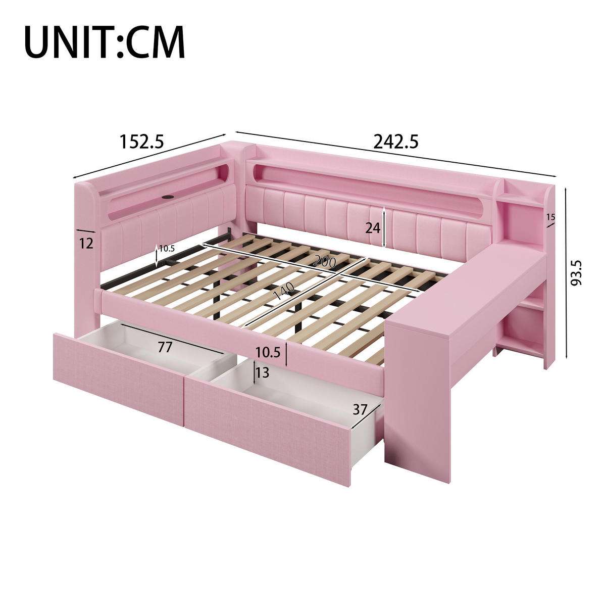 TAGESBETT 140/200 cm rosa aus MDF mit USB, LED, Schreibtisch und 2 Schubladen - Rosa, Holzwerkstoff (140/200cm) - OKWISH