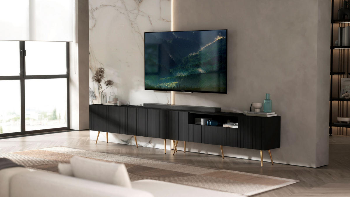 TV-LOWBOARD 2er-Set Elpis2 Schwarz matt mit goldenen Metallbeinen150 cm - Goldfarben/Schwarz, Holzwerkstoff (300/60.5/36.5cm) - Meble Lindner