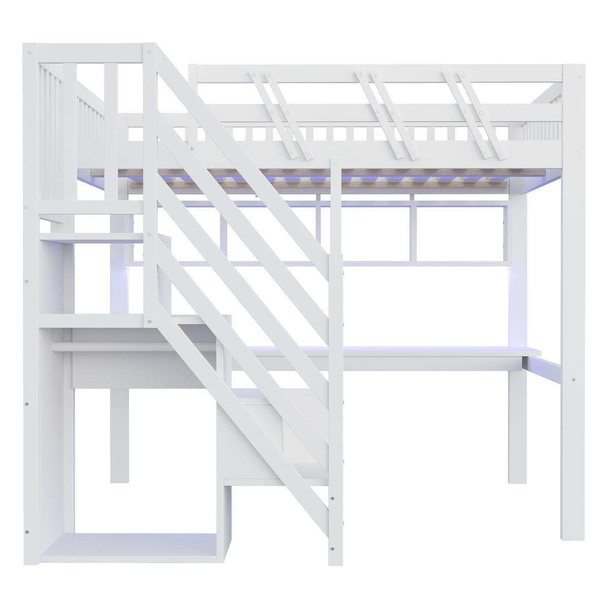 HOCHBETT 140/200 cm DE-01497, in Weiß, mit Aufbewahrungstreppe, Schreibtisch und LED-Licht - Weiß, Holz (140/200cm) - ComfortXL