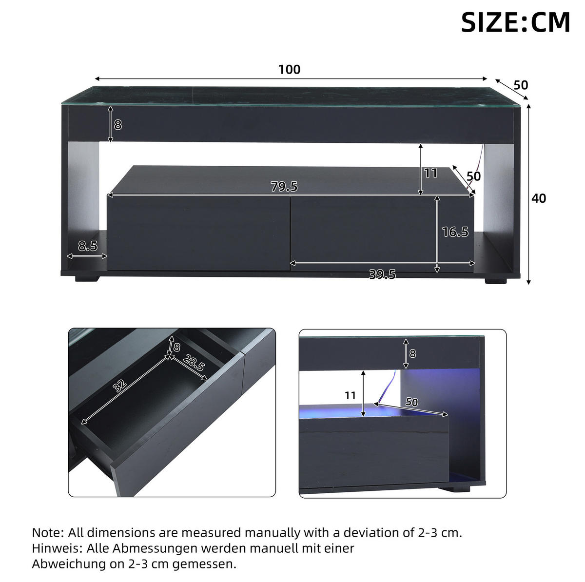 COUCHTISCH aus Spanplatte+gehärtetem Glas 100x50x40 cm in Schwarz mit LED - Schwarz, Holzwerkstoff (100/50/40cm) - Modfu