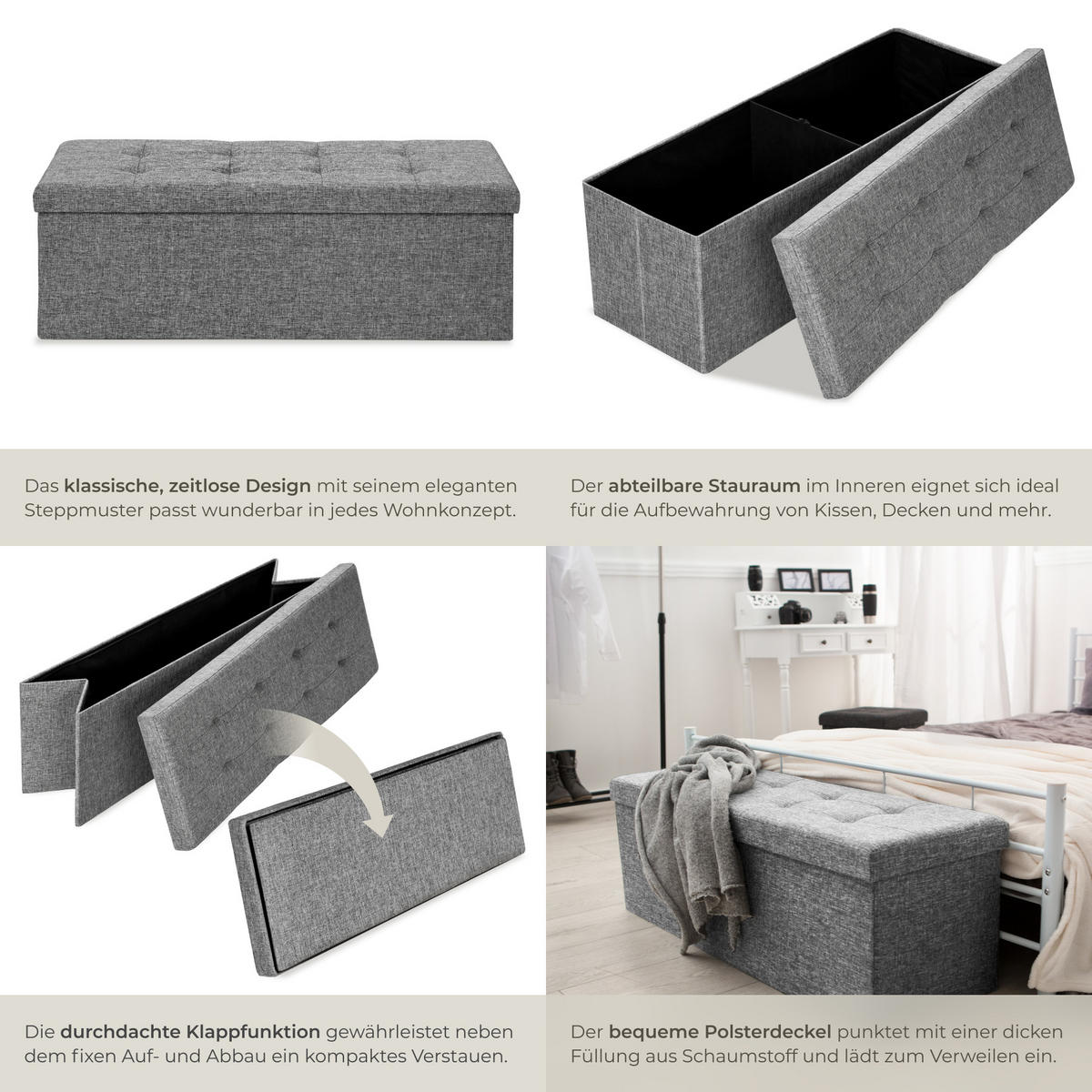 SITZHOCKER mit Stauraum, 110 x 38 x 38 cm,hellgrau - Hellgrau, Textil (38/38/110cm) - tectake