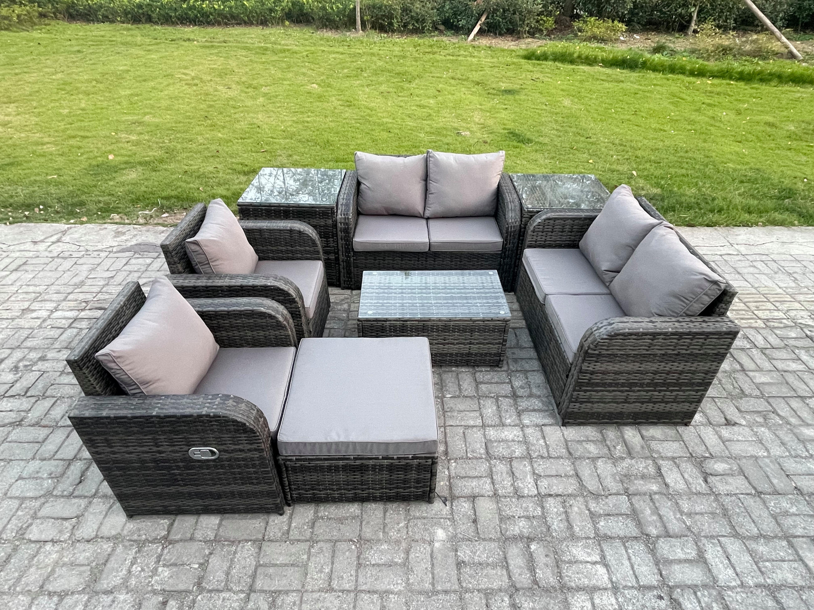 GARTENLOUNGE-SET Polyrattan Dunkelgrau 7-Sitzer - Dunkelgrau, Metall - Fimous