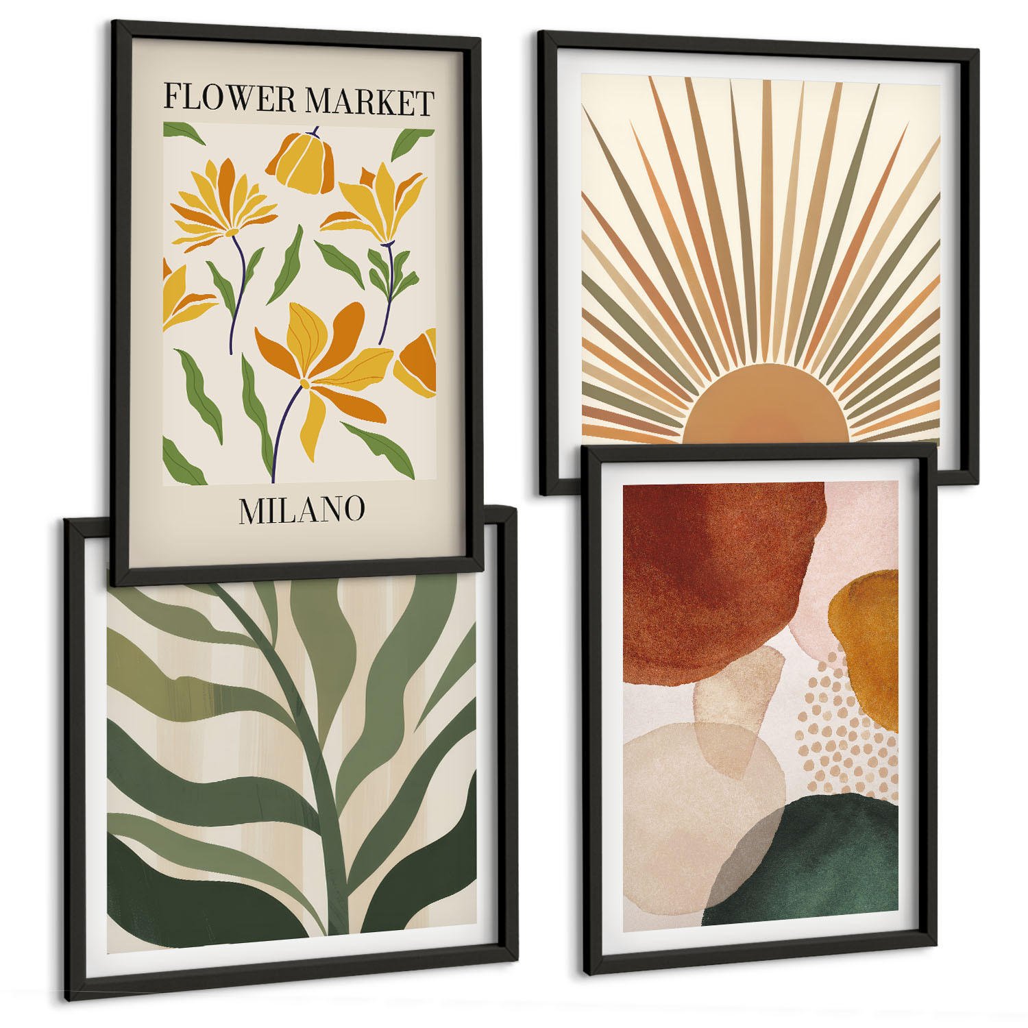 BILDER SET 4er Set - 50x50 cm & 40x60 cm Schwarzer Rahmen - Abstrakte Blumenmotive - Schwarz, Kunststoff (50/50cm) - TULUP