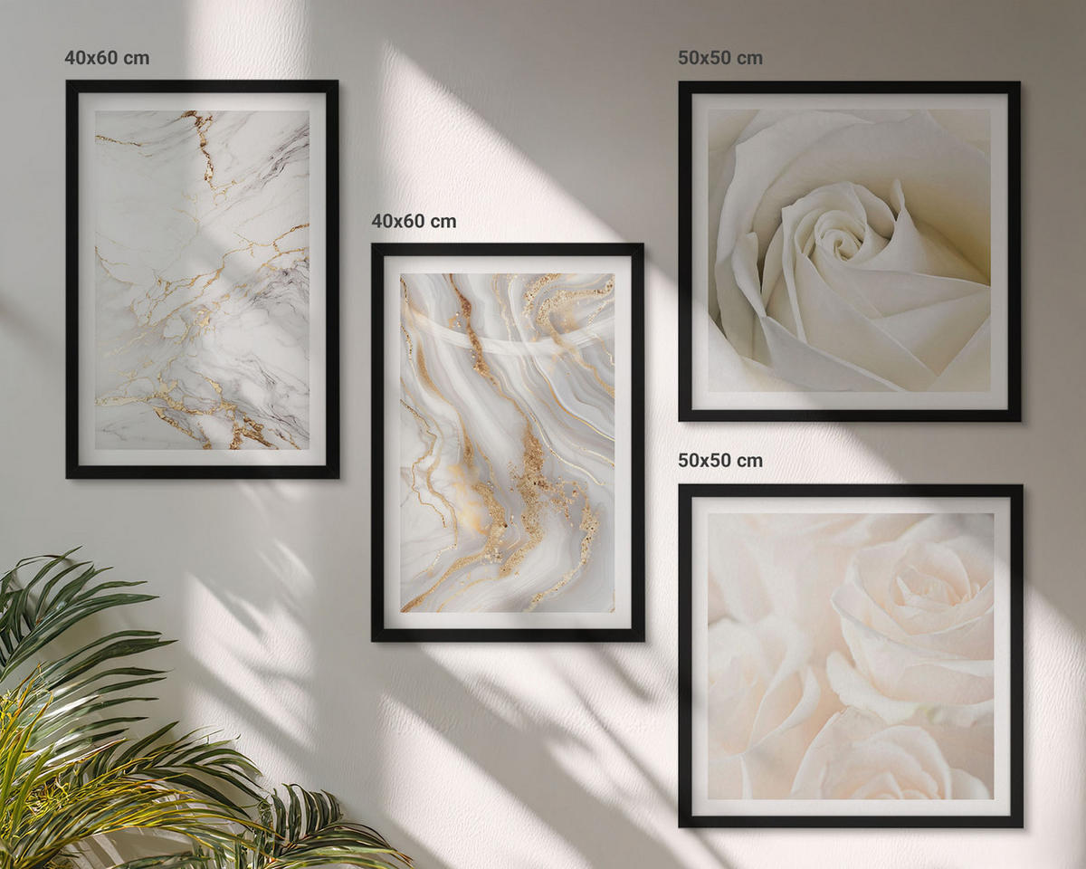 WANDBILDER 4er-Set - 50x50 cm & 40x60 cm Schwarzer Rahmen - Elegante Marmormuster - Schwarz, Kunststoff (50/50cm) - ArtPrintCave