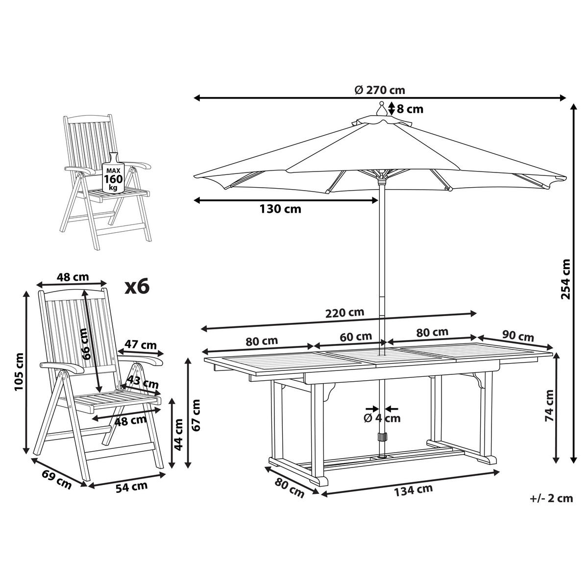 GARTENMÖBEL SET 6-Sitzer mit Sonnenschirm Akazienholz hellbraun Java - Hellbraun/Beige, Holz - Beliani