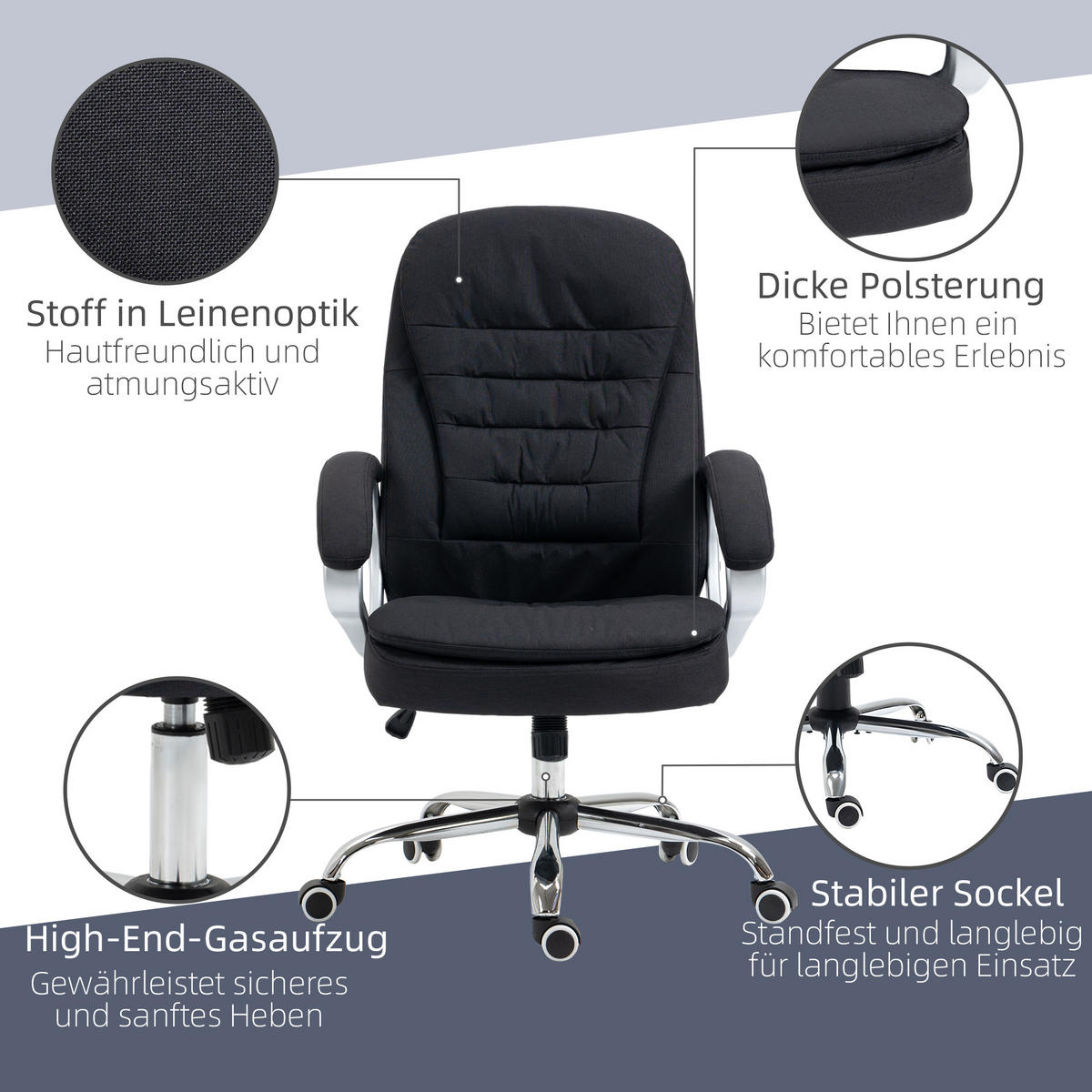 BÜROSTUHL Arbeitsstuhl Schreibtischstuhl 360° Drehstuhl höhenverstellbar - Schwarz, Kunststoff (75/121/64cm) - Vinsetto