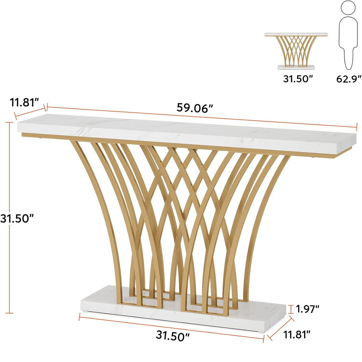 KONSOLENTISCH 150/29,5/80 cm Weiß Gold - Weiß Hochglanz/Roségold, Holzwerkstoff/Metall (29.5/150/80cm) - Quality Elegance