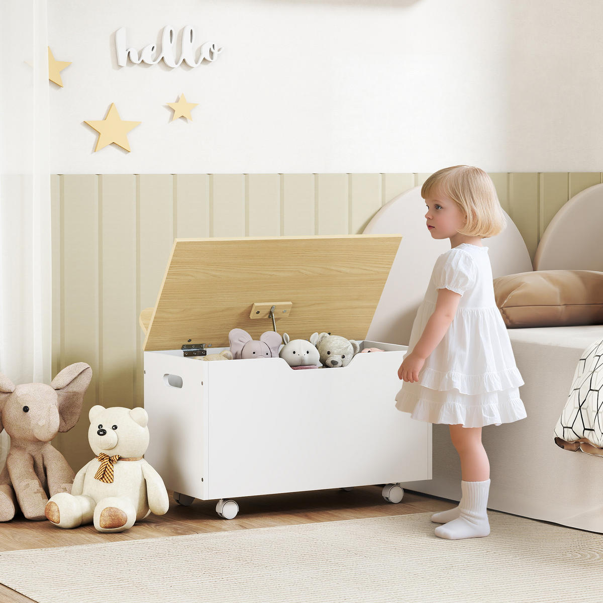 SPIELZEUGTRUHE DE-17272 mit Rollen & Sicherheitsscharnier Weiß - Weiß, Holzwerkstoff (30/59cm) - ComfortXL