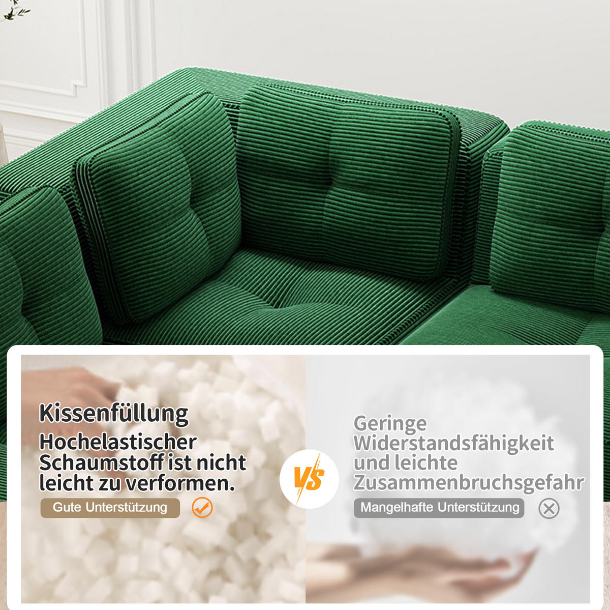 WOHNLANDSCHAFT Grün aus Cord mit 74 cm Sitztiefe und flexiblem Design - Grün, Textil (177/69/297cm) - Flora Grace