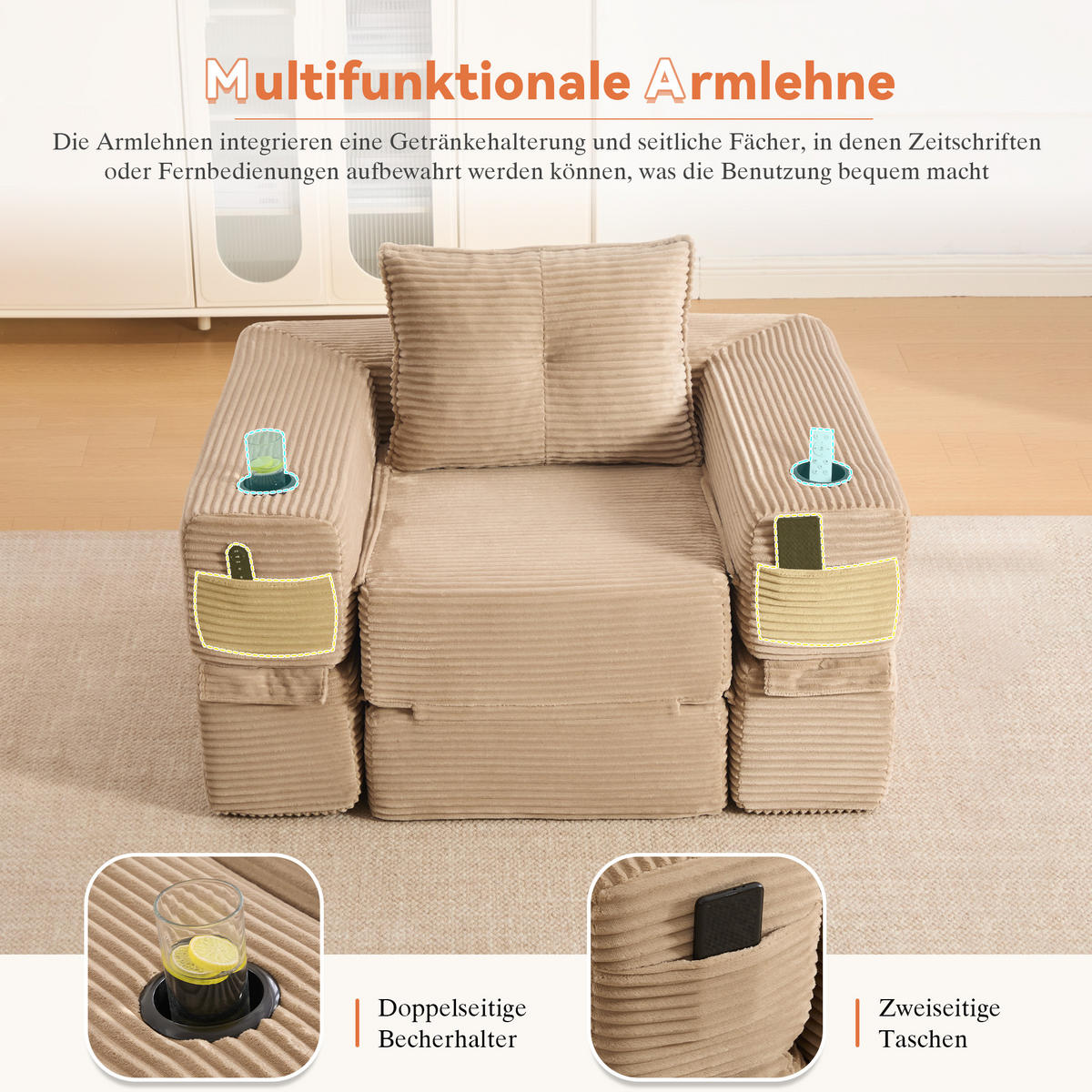 SCHLAFSOFA mit Klappfunktion, Seitentasche und Getränkehalter aus Cord - Taupe, Textil (122/80/98cm) - EVRYAE