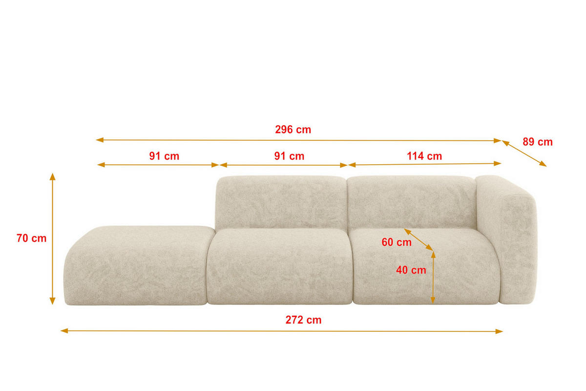 SOFA Ottomane Rechts MIRA-S3 296x89x70 Creme Velours - Creme/Schwarz, Holzwerkstoff/Kunststoff (296/70/89cm) - ALTDECOR