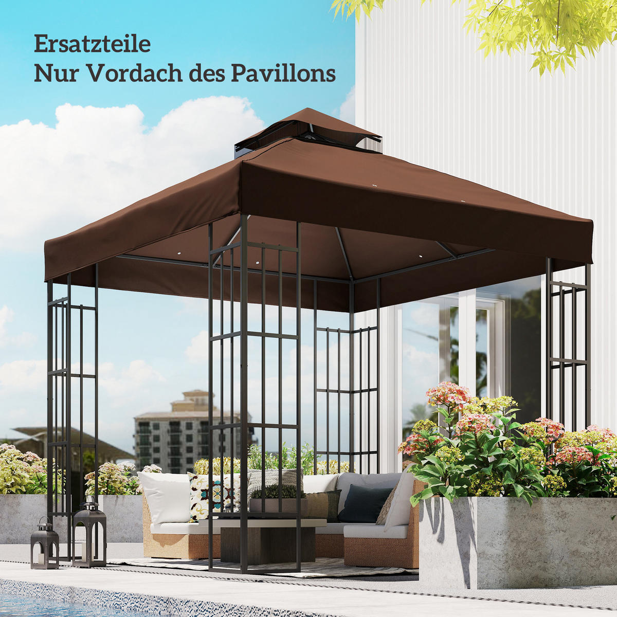 3 x 3 m Ersatzdach für Pavillon, Pavillon-Ersatzplane mit Wasserablauf-Löchern, UPF30+, Sonnenschutz, Kaffee - Cappuccino, Textil (300/1/300cm)