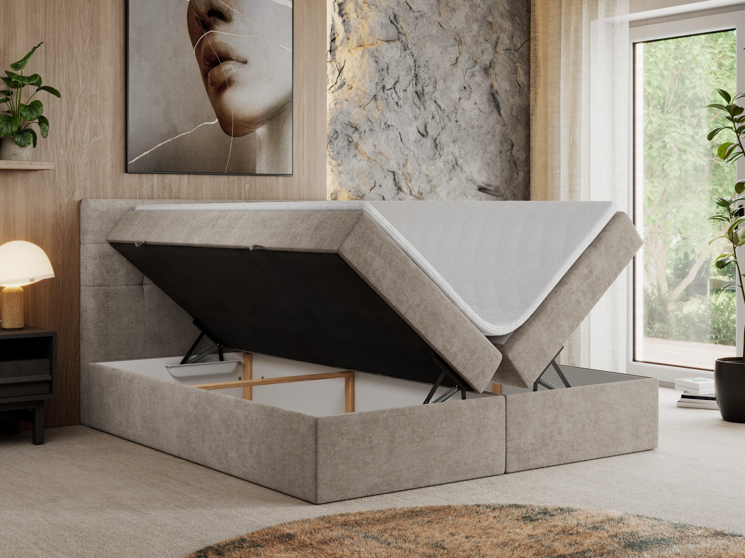 Thumbnail - MKS Boxbett, Beige, Textil, 1-Sitzer, H4, Rechteckig, 200x200 cm, Schlafzimmer, Betten, Boxspringbetten