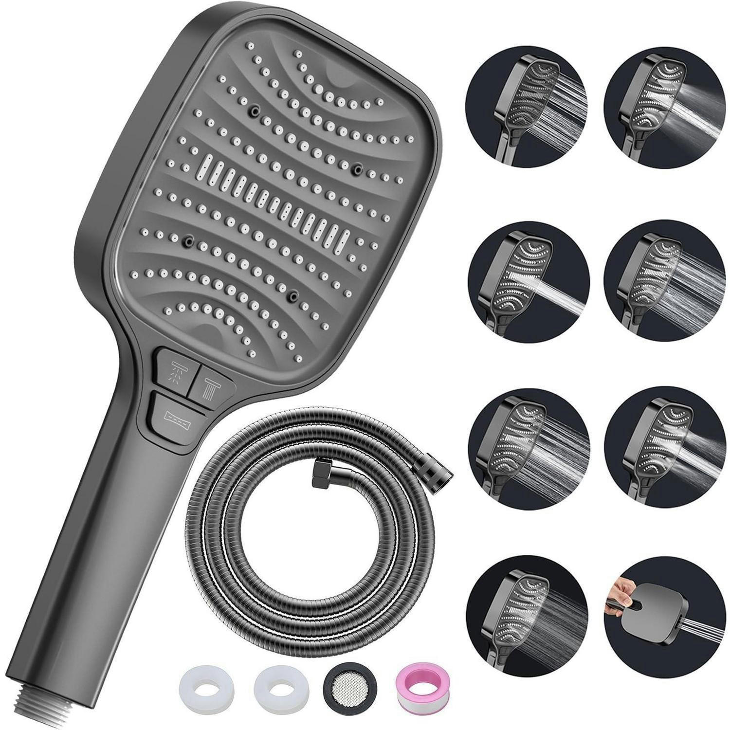 DUSCHKOPF Set mit Schlauch 1.5m Grau 8 Strahlarten Stoppfunktion - Grau, Kunststoff (12/12.7/26cm)