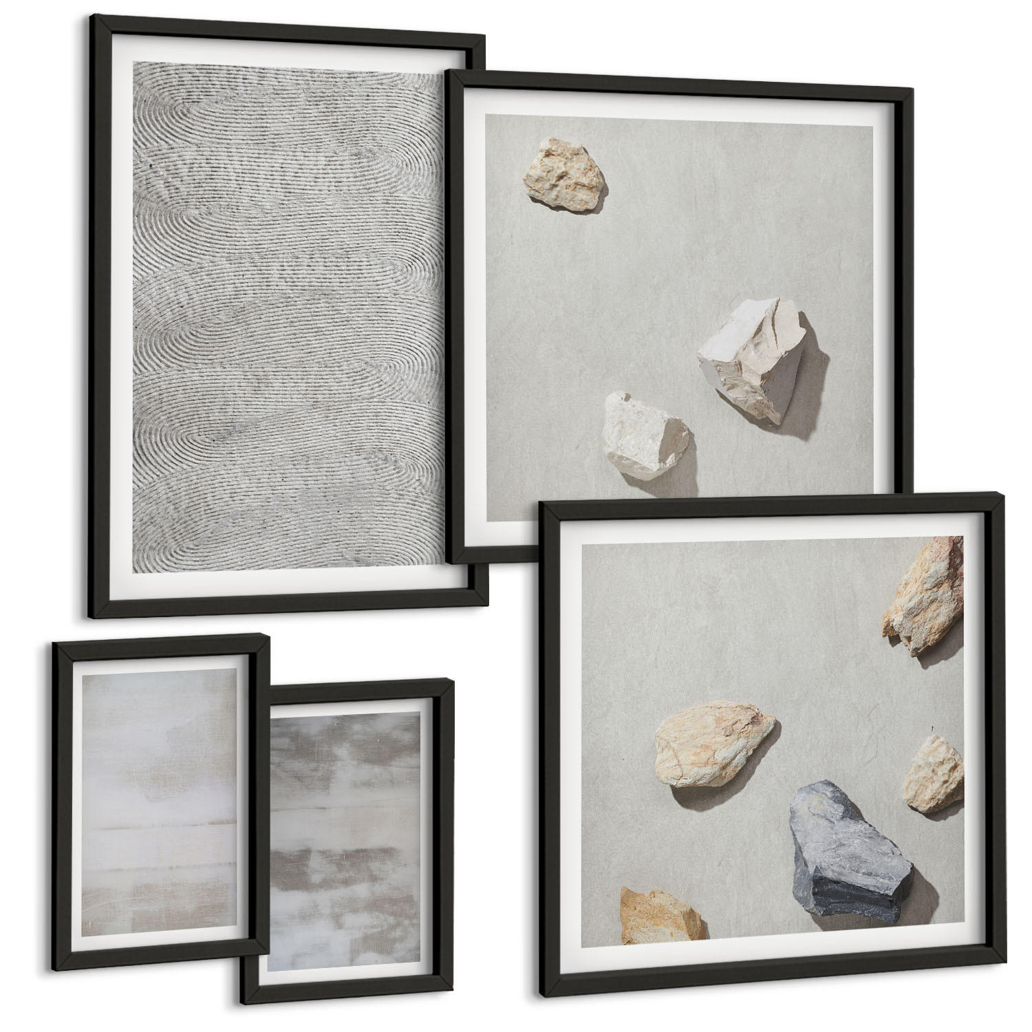 BILDER SET 5er Set - 50x50 cm & 20x30 cm & 40x60 cm Schwarzer Rahmen - Moderne minimalistische Texturen - Schwarz, Kunststoff (40/60cm) - TULUP