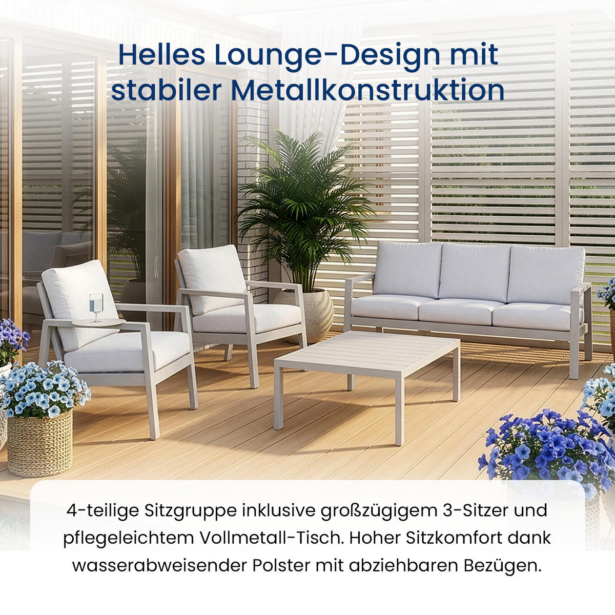 GARTENMÖBEL-SET mit 1 Dreisitzer-Sofa. 2 Einzelstühlen und 1 Couchtisch. Creme & Beige - Beige, Metall - Home Collective