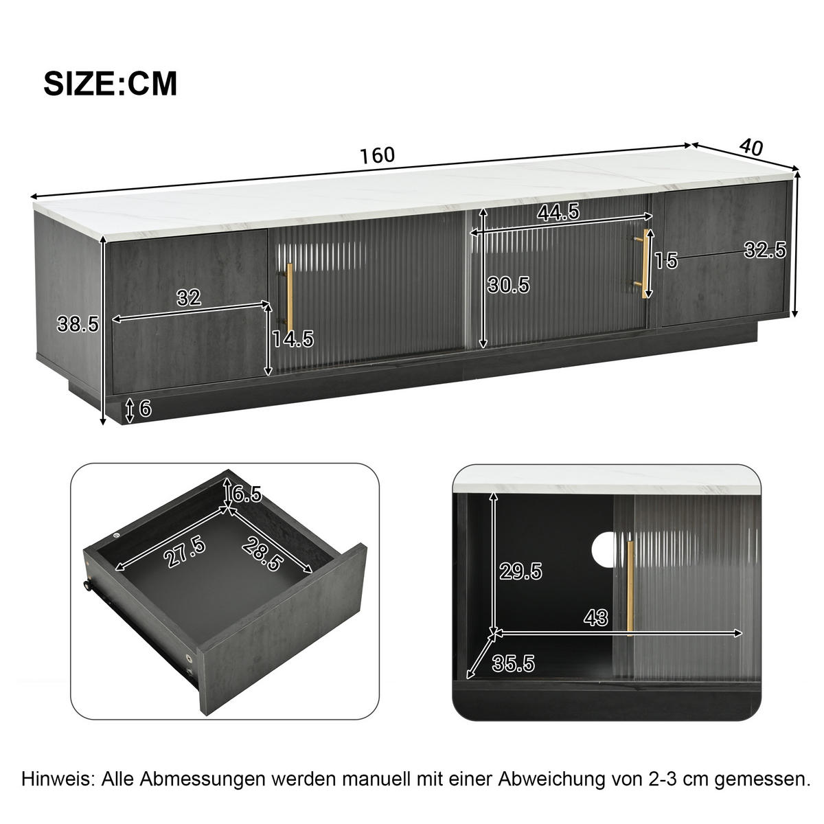 TV-SCHRANK 160cm Deluxe 70" TV Marmor Grau Push-to-Open - Grau, Holzwerkstoff (40/38.5/160cm) - FLIEKS
