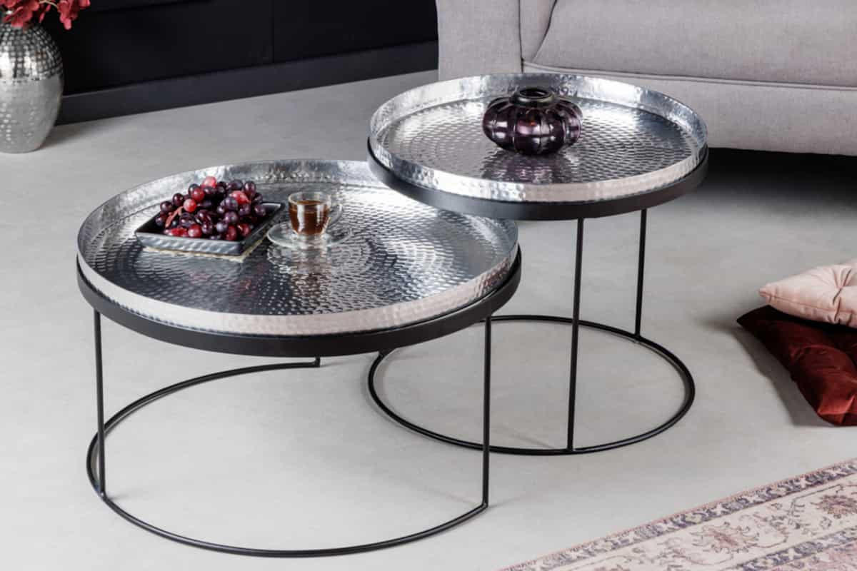 COUCHTISCH 2er Set ELEMENTS Eisen rund Schwarz | Silber 57cm - Silberfarben/Schwarz, Metall (57/57/32cm) - riess-ambiente