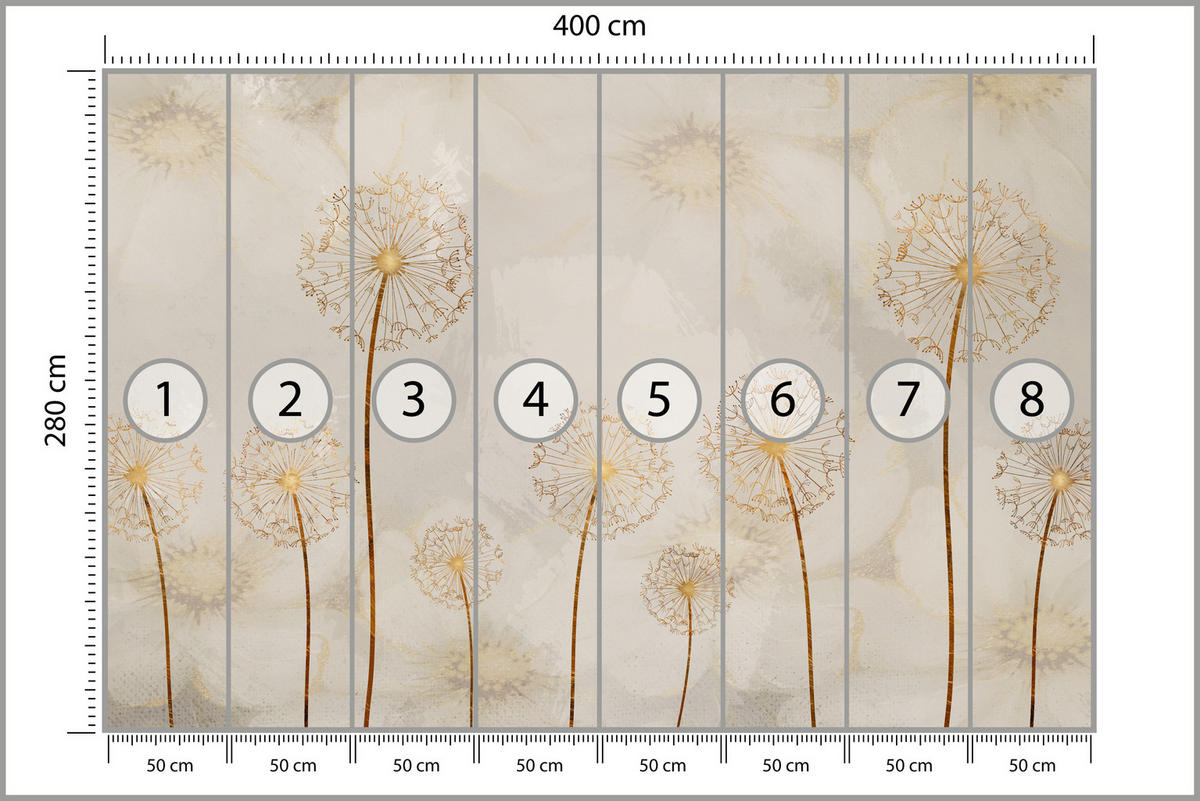 FOTOTAPETE für Schlafzimmer Goldene Löwenzahn Aquarell Blumen 400x280 - Gelb/Beige, Papier (400/280cm) - Muralo