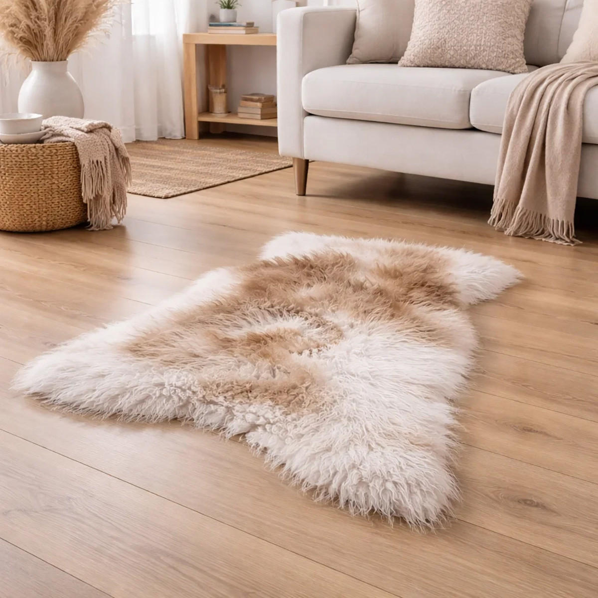 LAMMFELL Island hellgrau-braun lange weiche Wolle ca. 105 cm - Hellbraun/Hellgrau, Fell (55/105cm) - Provellus