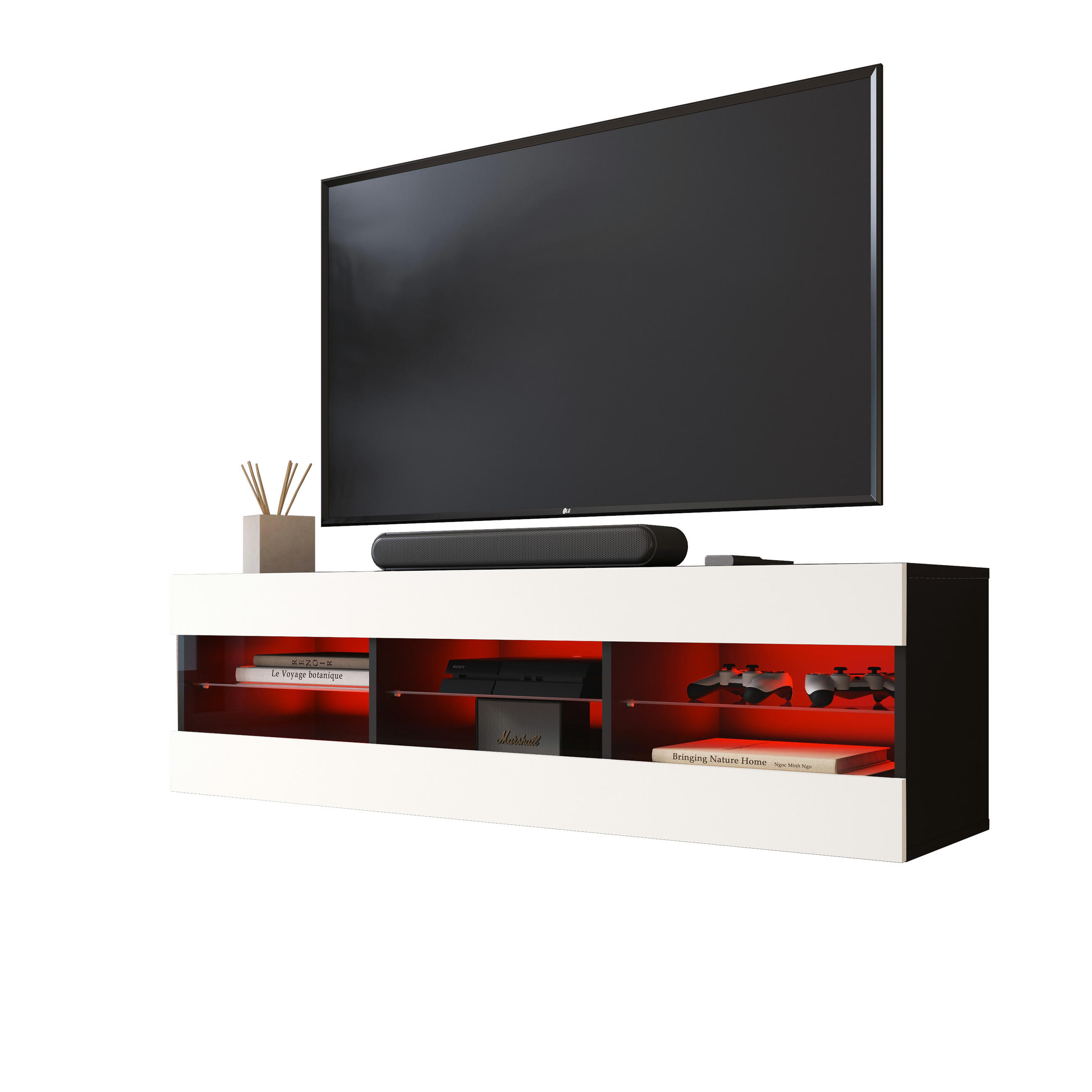 LOWBOARD TIVOLI RTV 140, Weiss, LED Mehrfarbige - Schwarz/Weiß, Glas/Holzwerkstoff (140/40.5/35.5cm) - Komodee