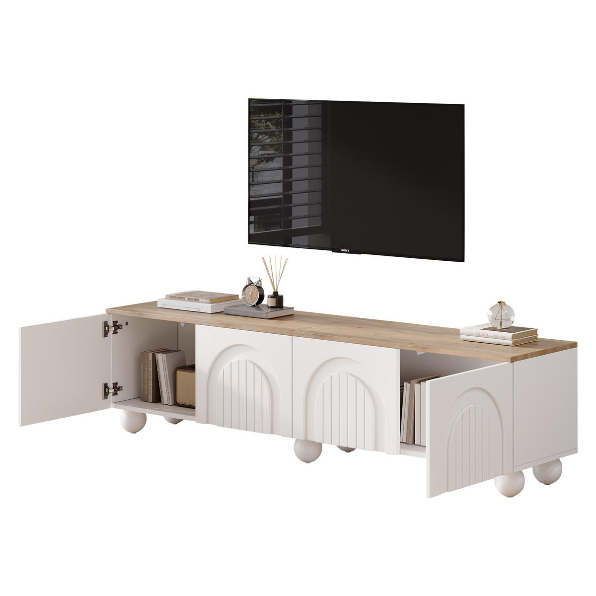 TV-SCHRANK 180/40/45 cm weiß Holzoptik mit 4 Türen und 6 kugelförmigen Metallbeinen - Weiß, Holzwerkstoff (180/45/40cm) - OKWISH