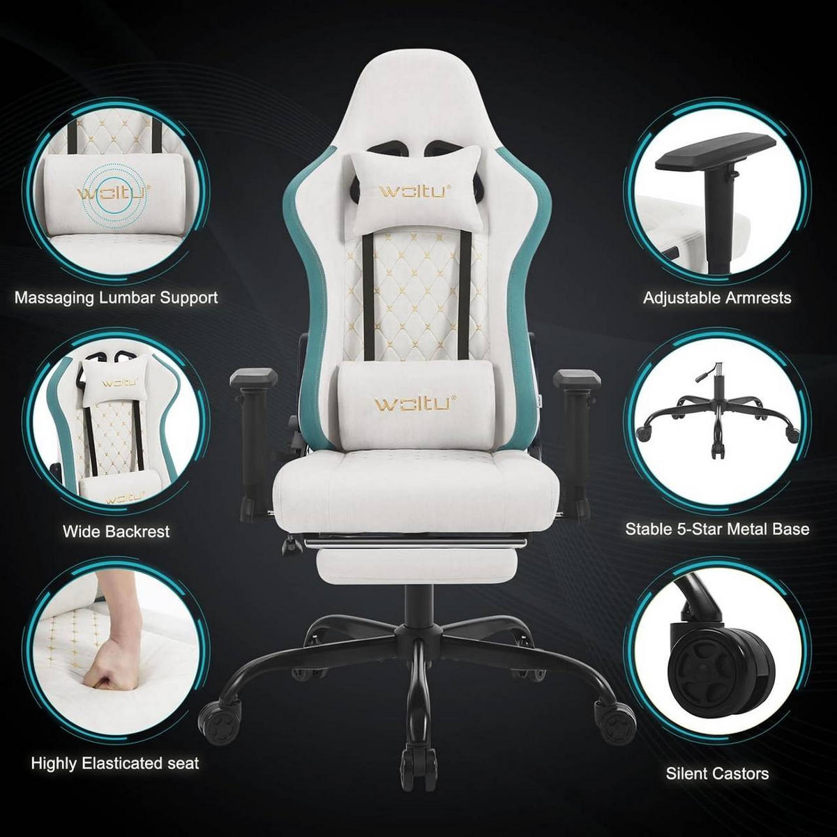 GAMINGSTUHL mit Massagefunktion, Tech-Stoff, Blau+Weiß - Blau/Schwarz, Kunststoff/Textil (70/121.5/57.5cm) - Woltu