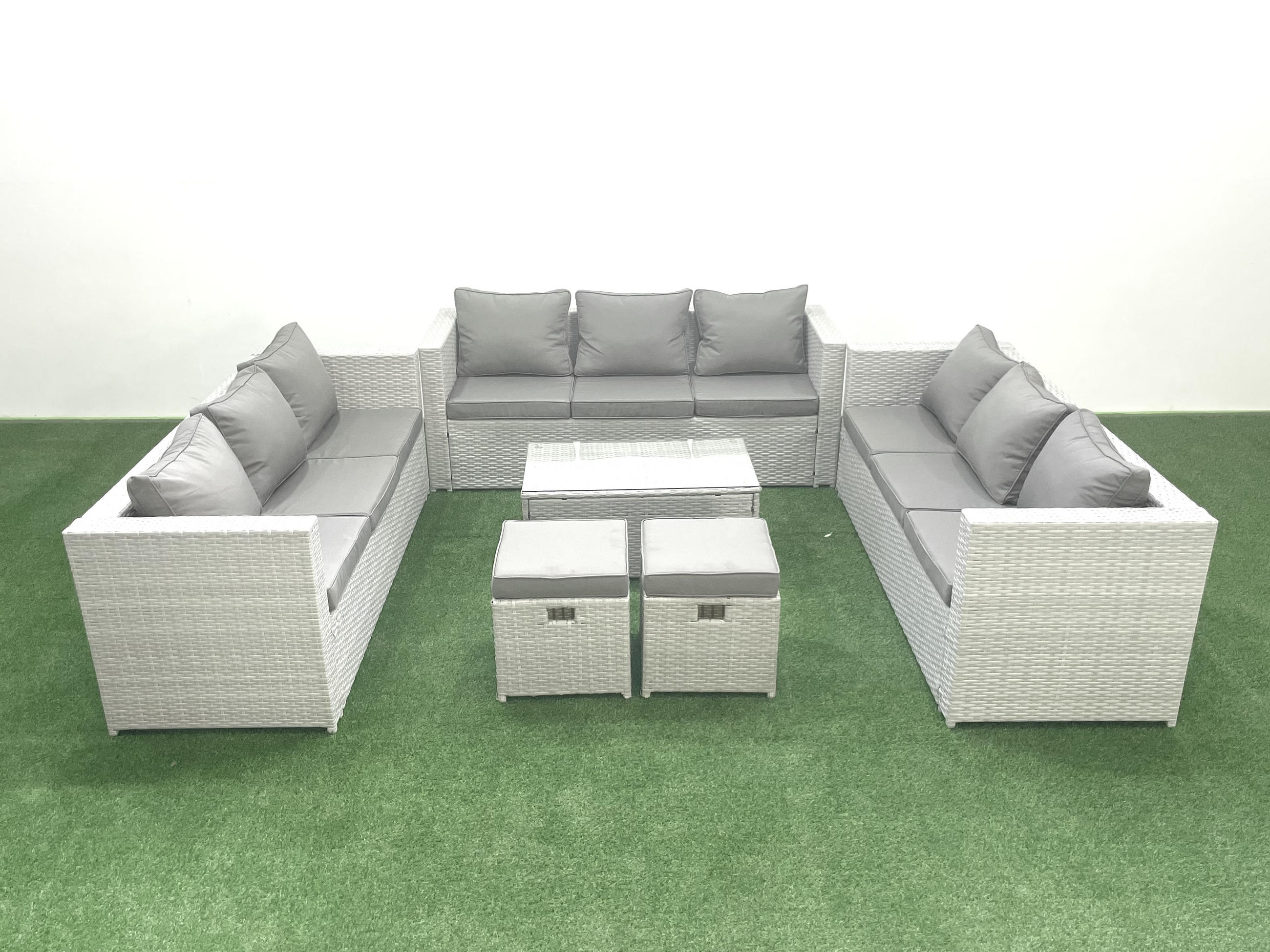 GARTENSET mit 3-SITZER SOFA,COUCHTISCH Polyrattan Hellgrau-Mix 11-Sitzer - Hellgrau/Grau, Glas/Kunststoff - Fimous