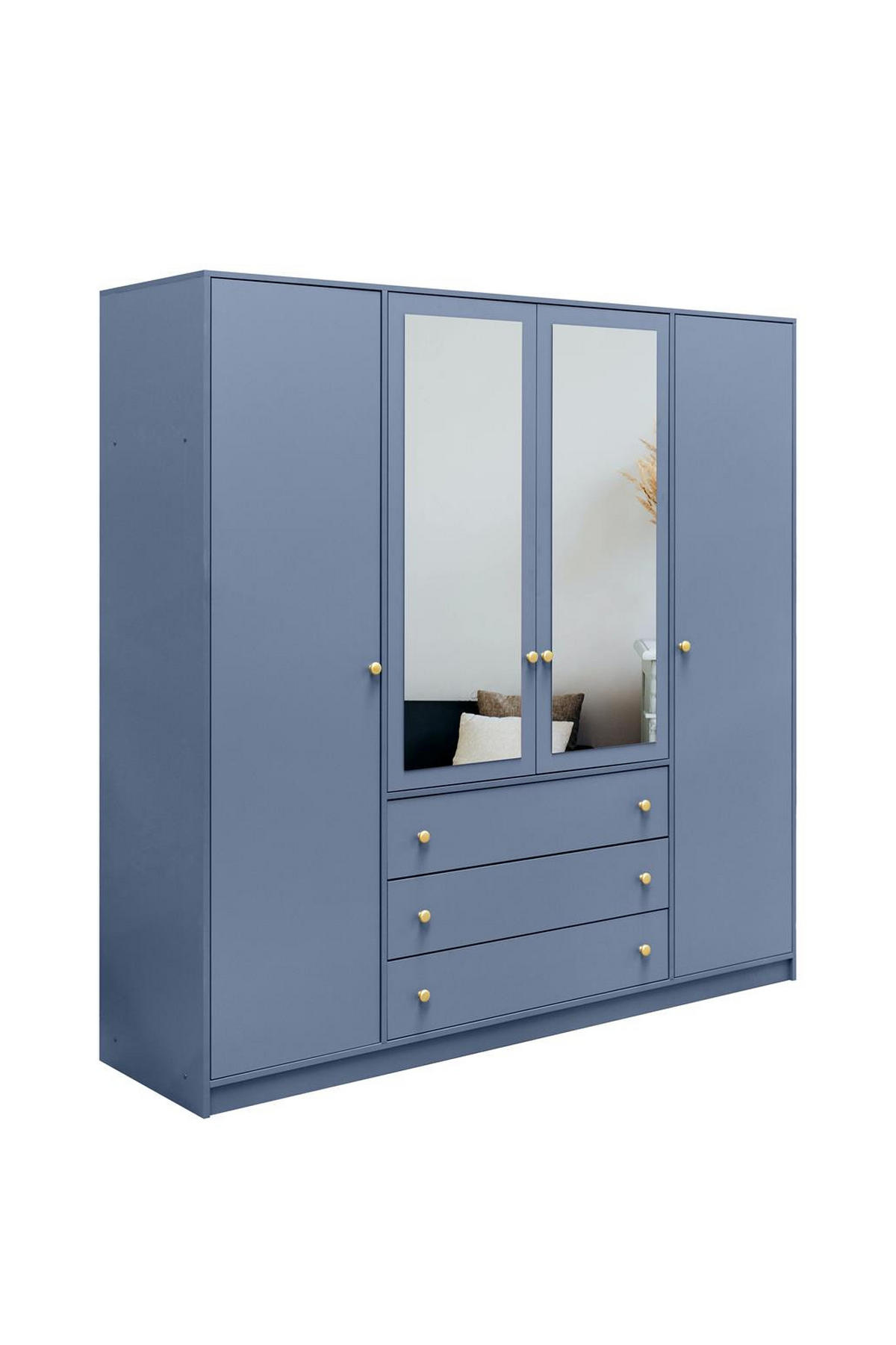 KLEIDERSCHRANK Rainbow Hellblau, viertüriger Drehtürenschränk mit Spiegel und Schubladen - Hellblau, Holzwerkstoff (196/200/58cm) - Bettso