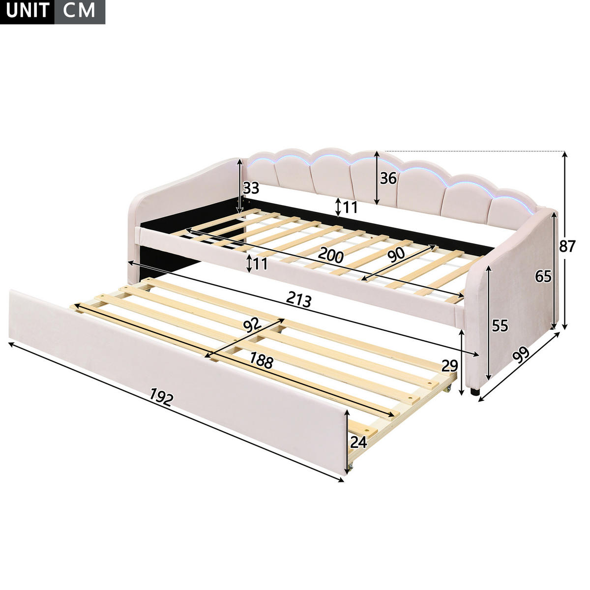 BETT 90/200 cm in Rosa mit Ausziehbett und LED-Kopfteil, inkl. Lattenrost - Rosa, Textil (90/200cm) - BEAOK