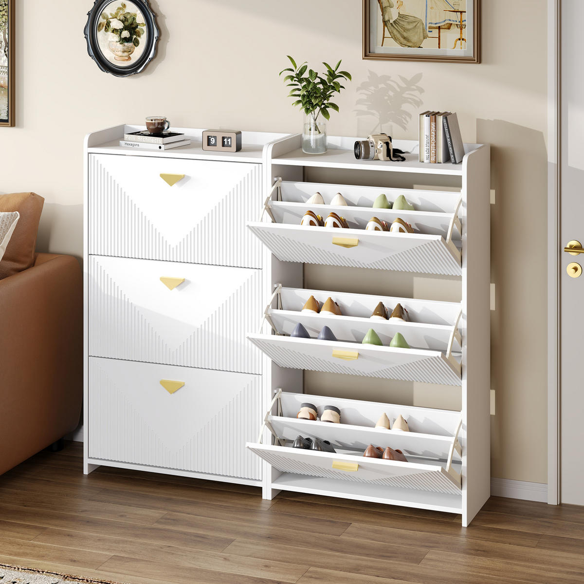 SCHUHSCHRANK aus MDF 140x30x120cm in Weiß mit 3 Klapptüren - Weiß, Holzwerkstoff (140/120/30cm) - Modfu