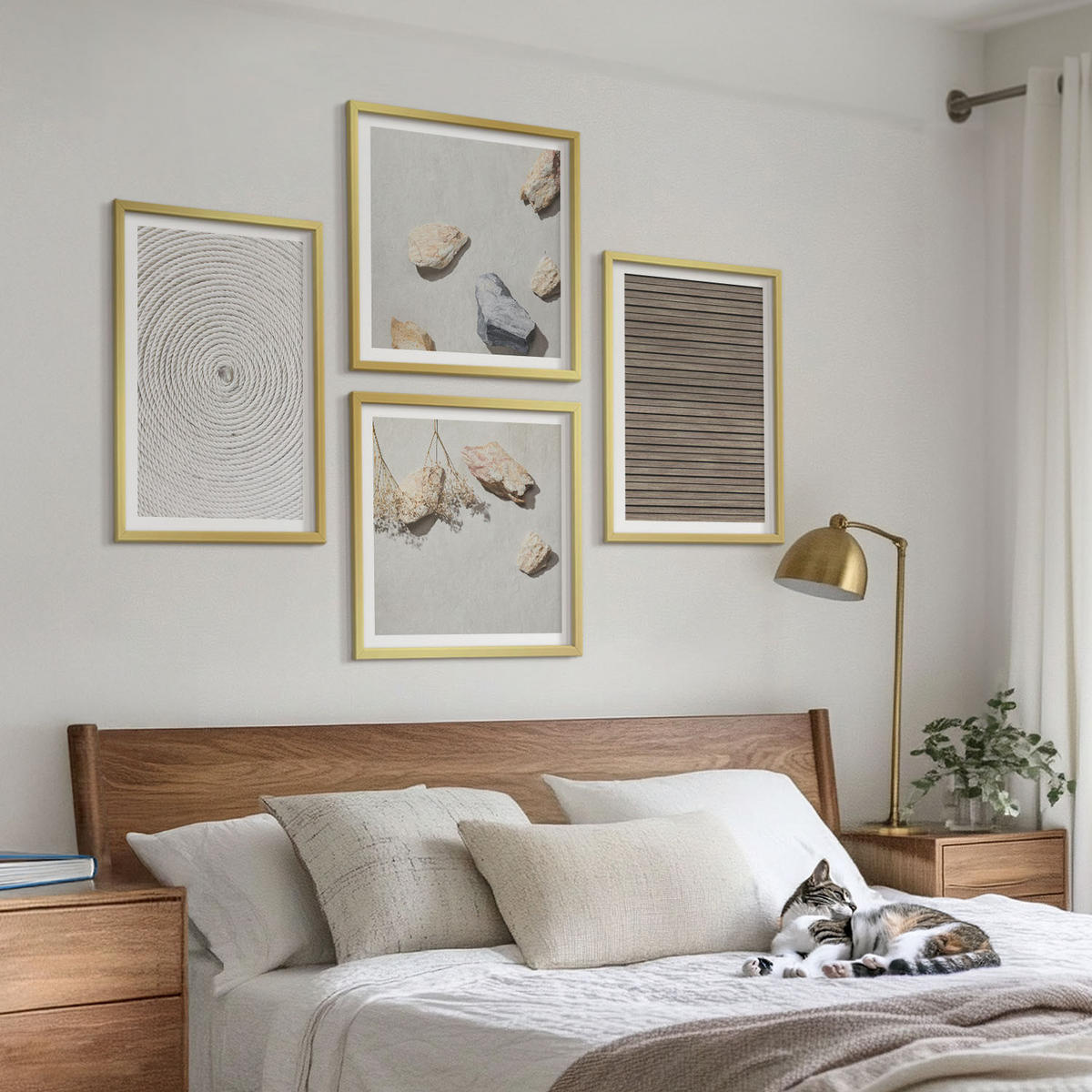 WANDBILDER 4er Set - 50x50 cm & 40x60 cm Goldrahmen - Natürliche Texturen Holz Steine - Goldfarben, Kunststoff (50/50cm) - ArtPrintCave