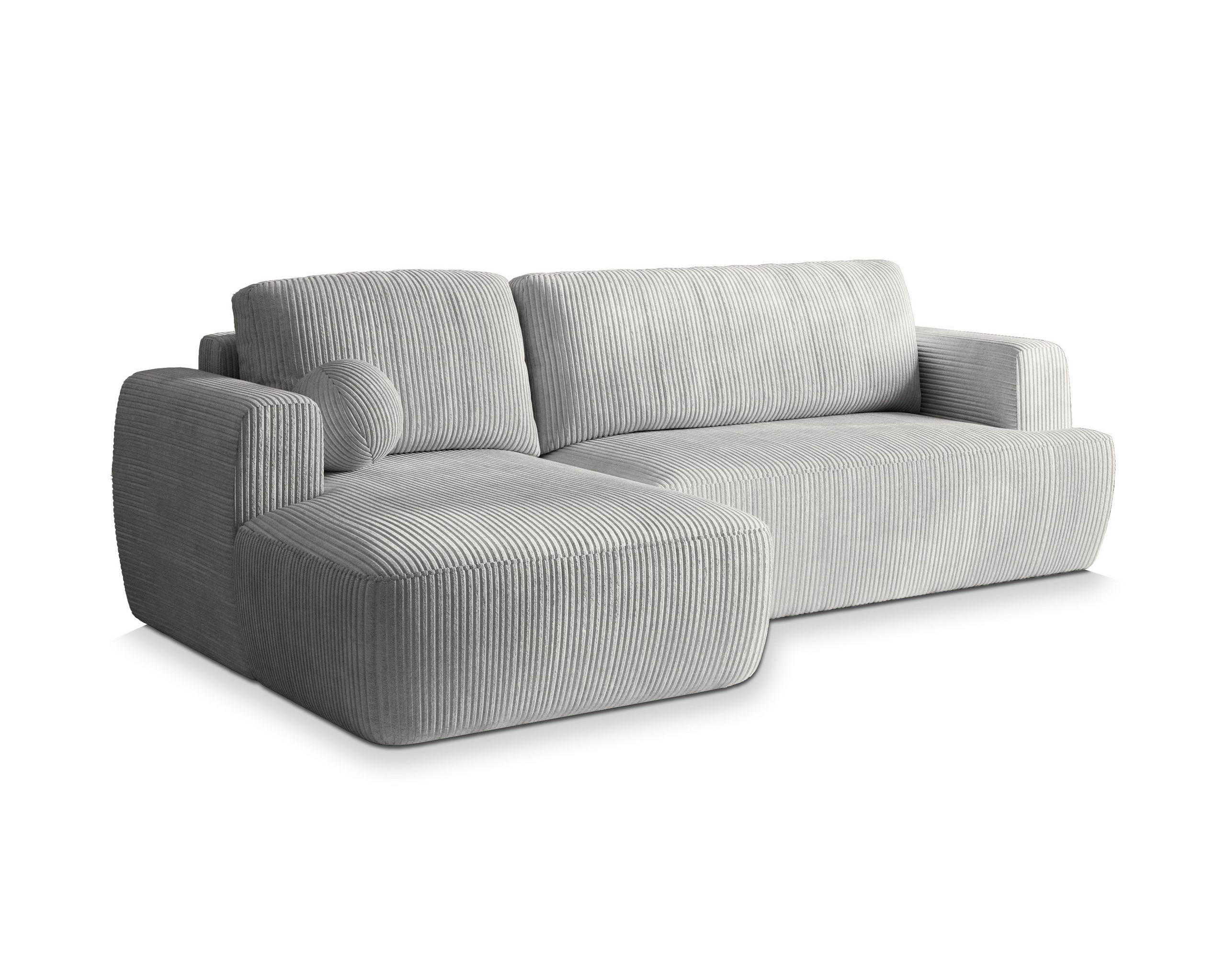 ECKSOFA SENTI P L-S Hellgrau Kordstoff mit Schlaffunktion - Hellgrau, Holz (246/148cm) - MASSENO