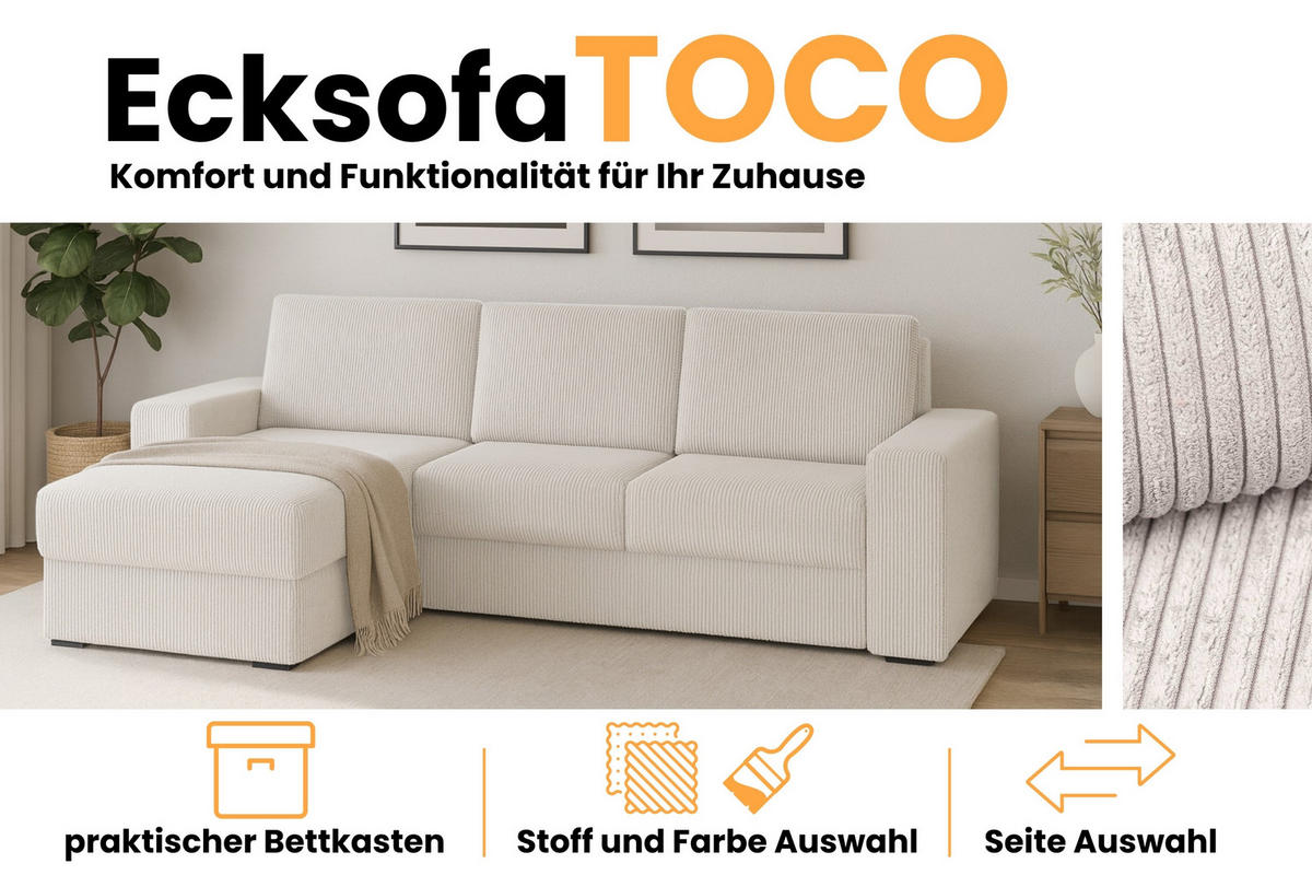 ECKSOFA TOCO L 240x145 cm in Cord Creme links - Creme, Holz/Holzwerkstoff (240/145cm) - Deine Möbel 24