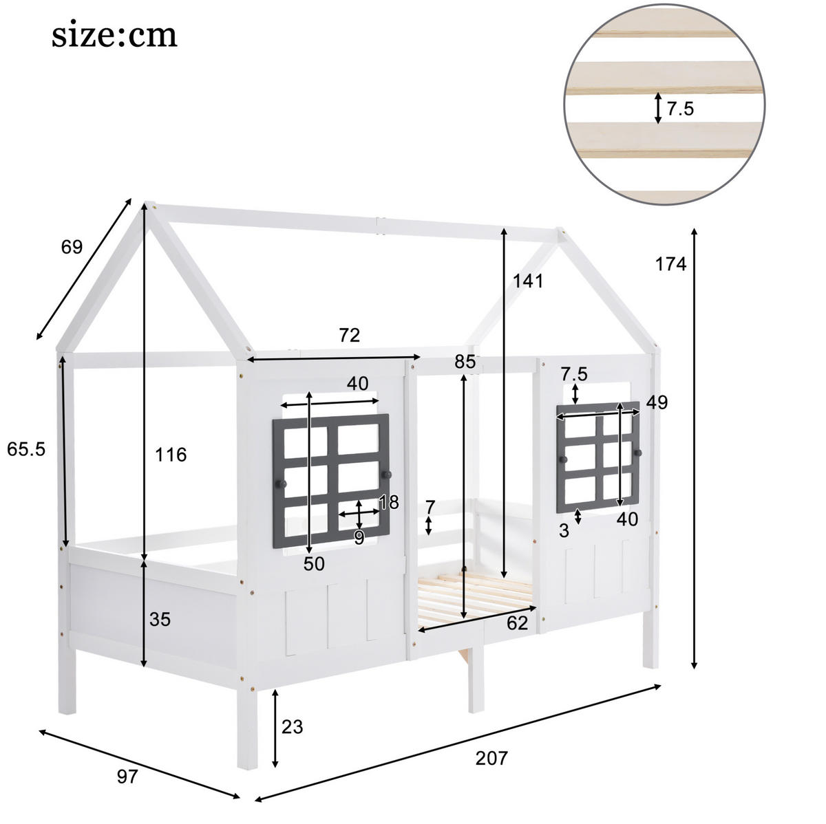 HAUSBETT 90/200 cm mit 2 Schubladen und Doppelfenstern aus Kiefer und MDF, Weiß - Weiß, Holzwerkstoff (90/200cm) - Redom