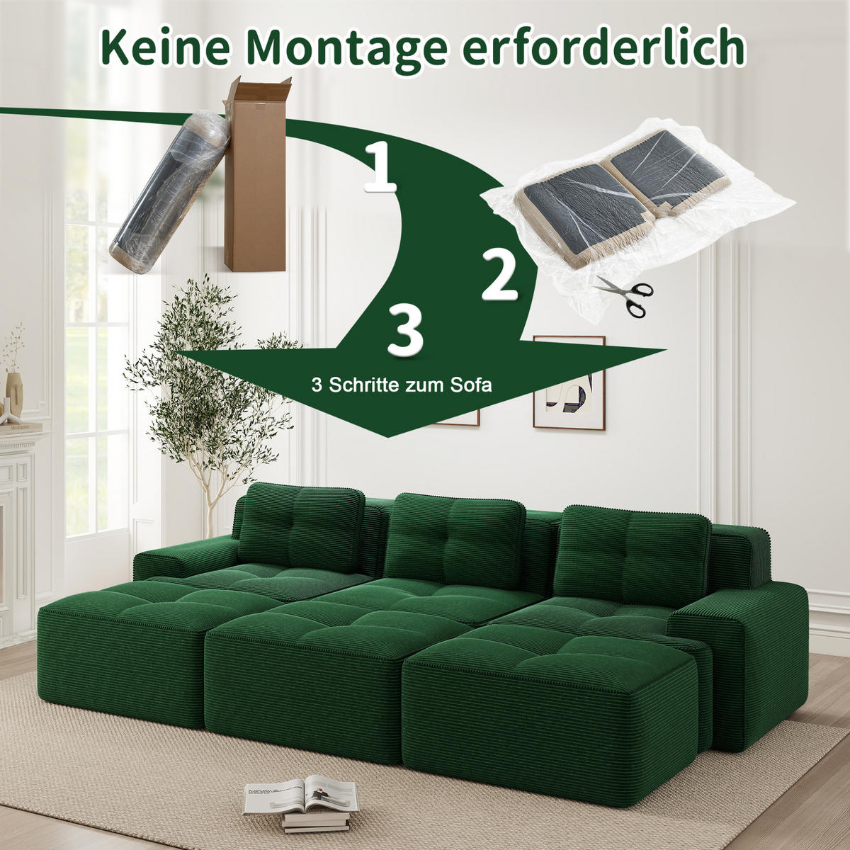 MODULARES Ecksofa mit Schlaffunktion aus Cord Grün 293x177x69 cm - Grün, Textil (177/69/293cm) - IVMEU
