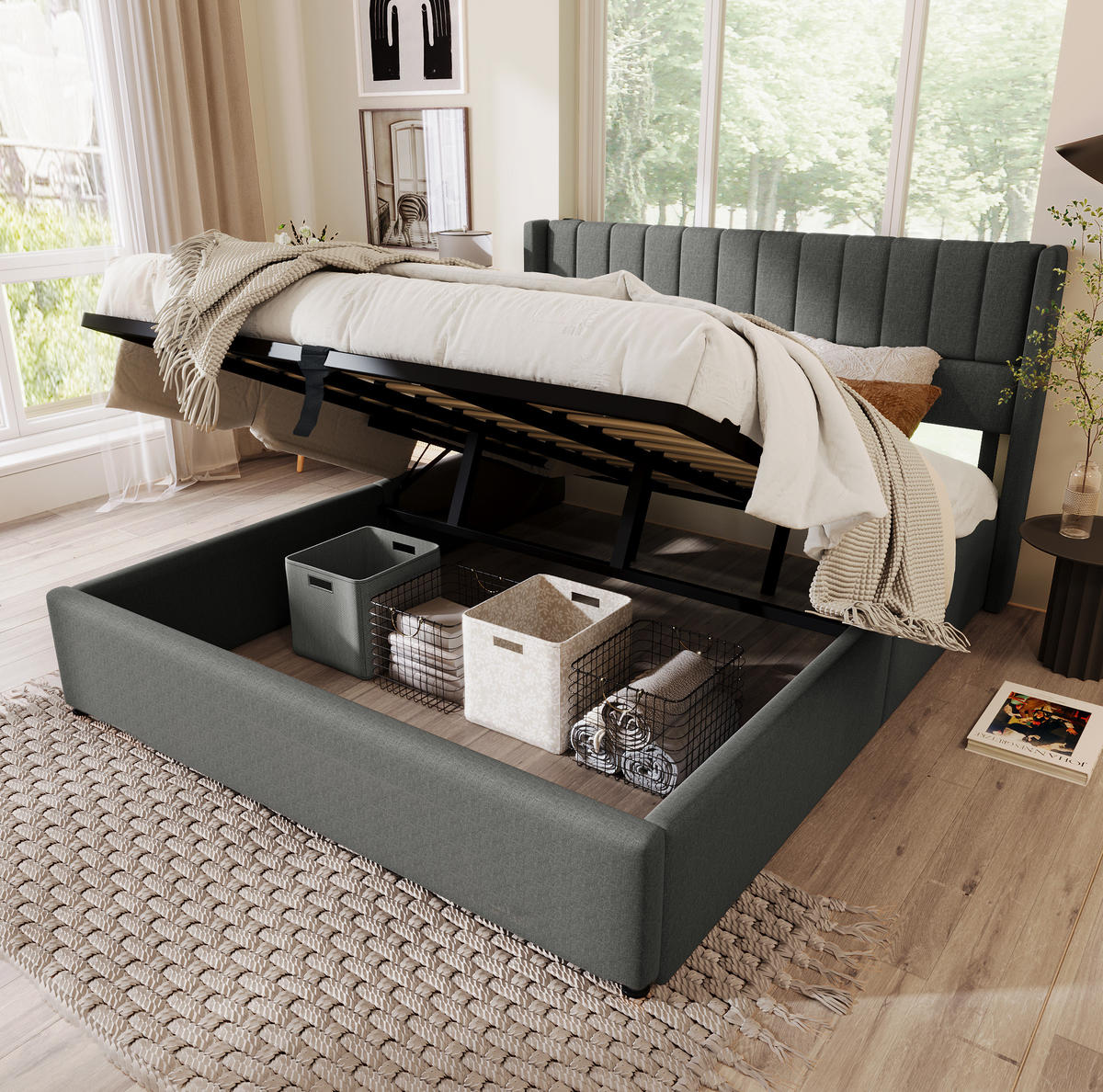 ČALÚNENÁ posteľ z ľanu 140x200 cm sivá s hydraulickým úložným priestorom, čelom a stabilnou konštrukciou - sivá, textil (140/200cm) - Modfu