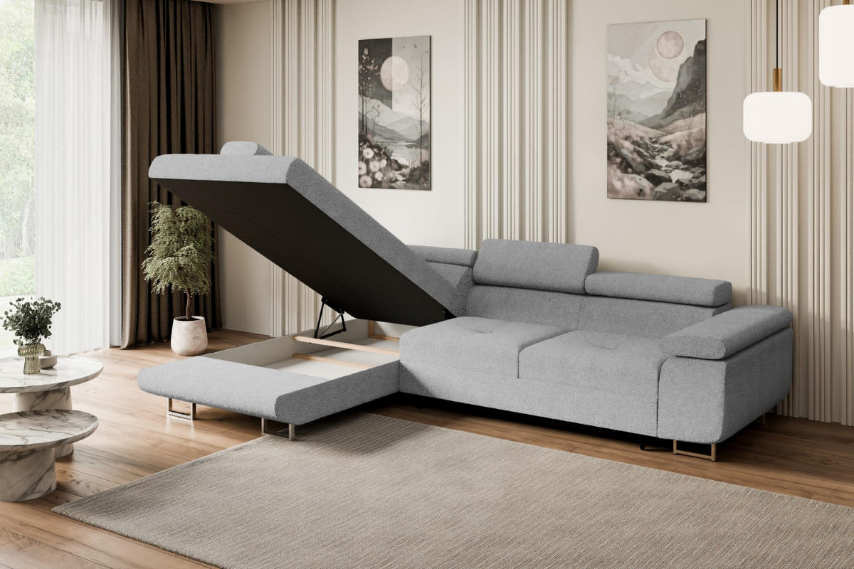 ECKSOFA mit Schlaffunktion und Bettkasten GUSA-L 272x202x107 cm Grau Bouclé - Silberfarben/Hellgrau, Holzwerkstoff/Textil (202/272cm) - ALTDECOR