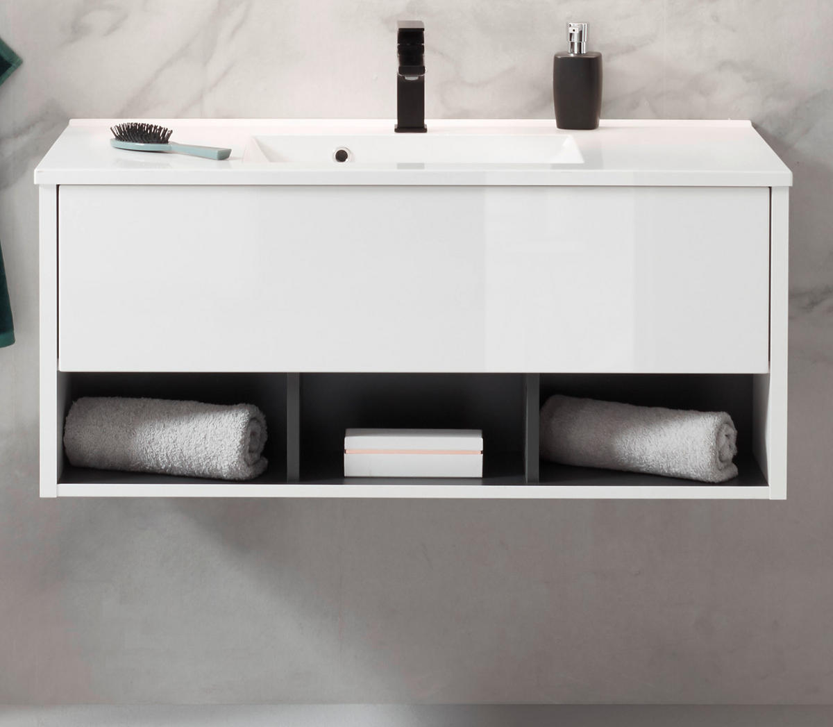 WASCHBECKENUNTERSCHRANK mit Waschbecken weiß Hochglanz, grau 100 cm - Weiß Hochglanz/Grau, Holzwerkstoff (100/44/47cm) - Furn.Design