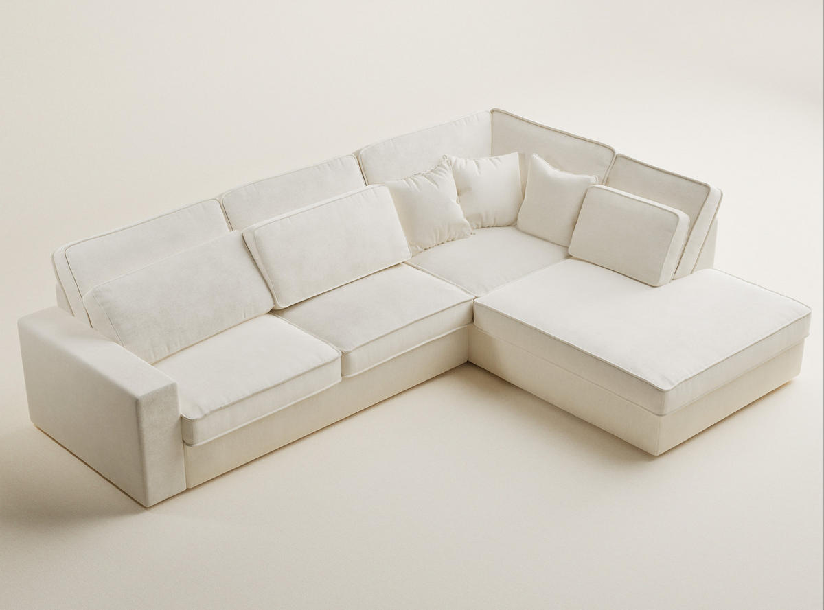 ECKSOFA Kirou Creme Chenille-Stoff - Rechts Seite - Creme/Schwarz, Holz/Holzwerkstoff (311/225cm) - Maison de Reve