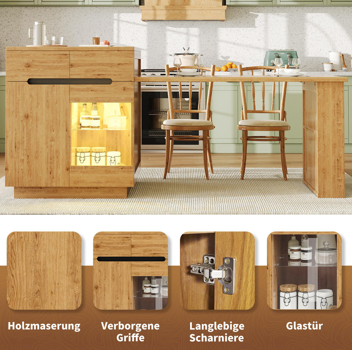 KÜCHENINSEL 122-195/70/93,5 cm aus MDF mit ausziehbarer Tischplatte und LED-Beleuchtung Eichefarben - Braun, Holzwerkstoff (122/93.5/70cm) - Modenvie