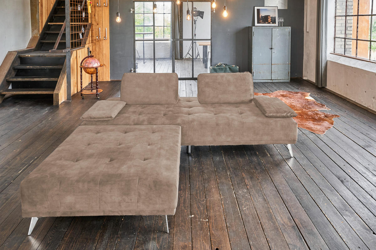 SOFA MIT HOCKER WIOLO Taupe Velvet - Taupe/Silberfarben, Textil/Metall (220/80/240cm) - KAWOLA