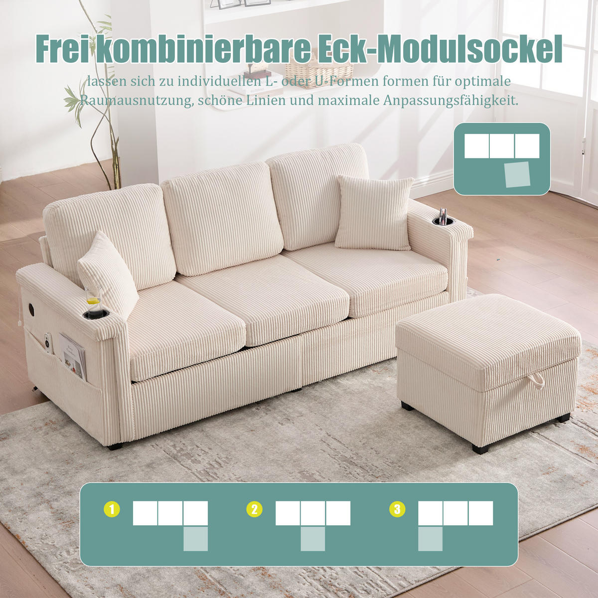 SOFA Corduroy mit LED und USB-Anschluss Stauraumschubladen auf Rollen 194/73/81 cm Beige - Beige, Textil (73/194cm) - Redom