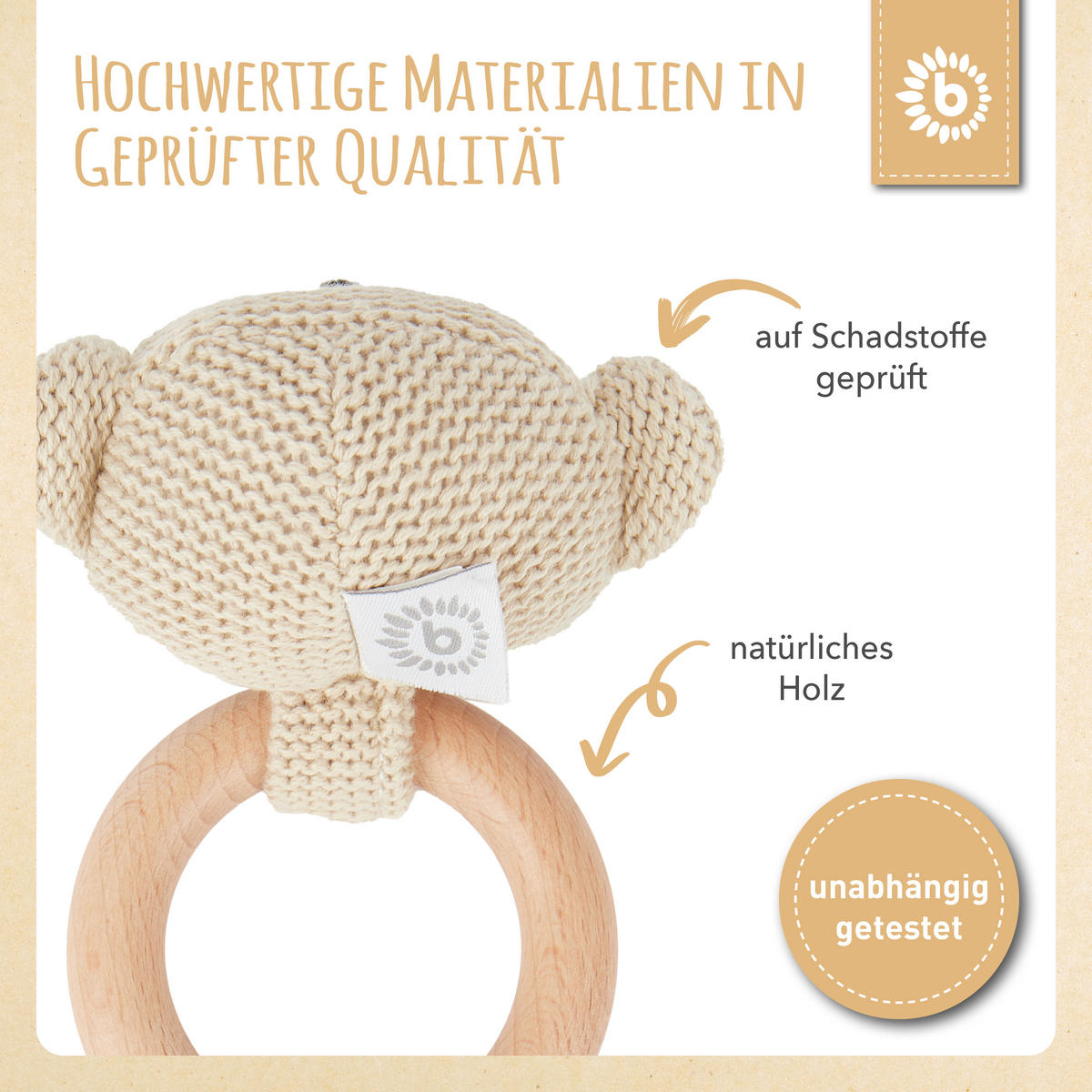 GREIFLING Holz Natur Gehäkelt Rassel Bär - Beige, Textil (8/14cm) - Bieco Spielwaren